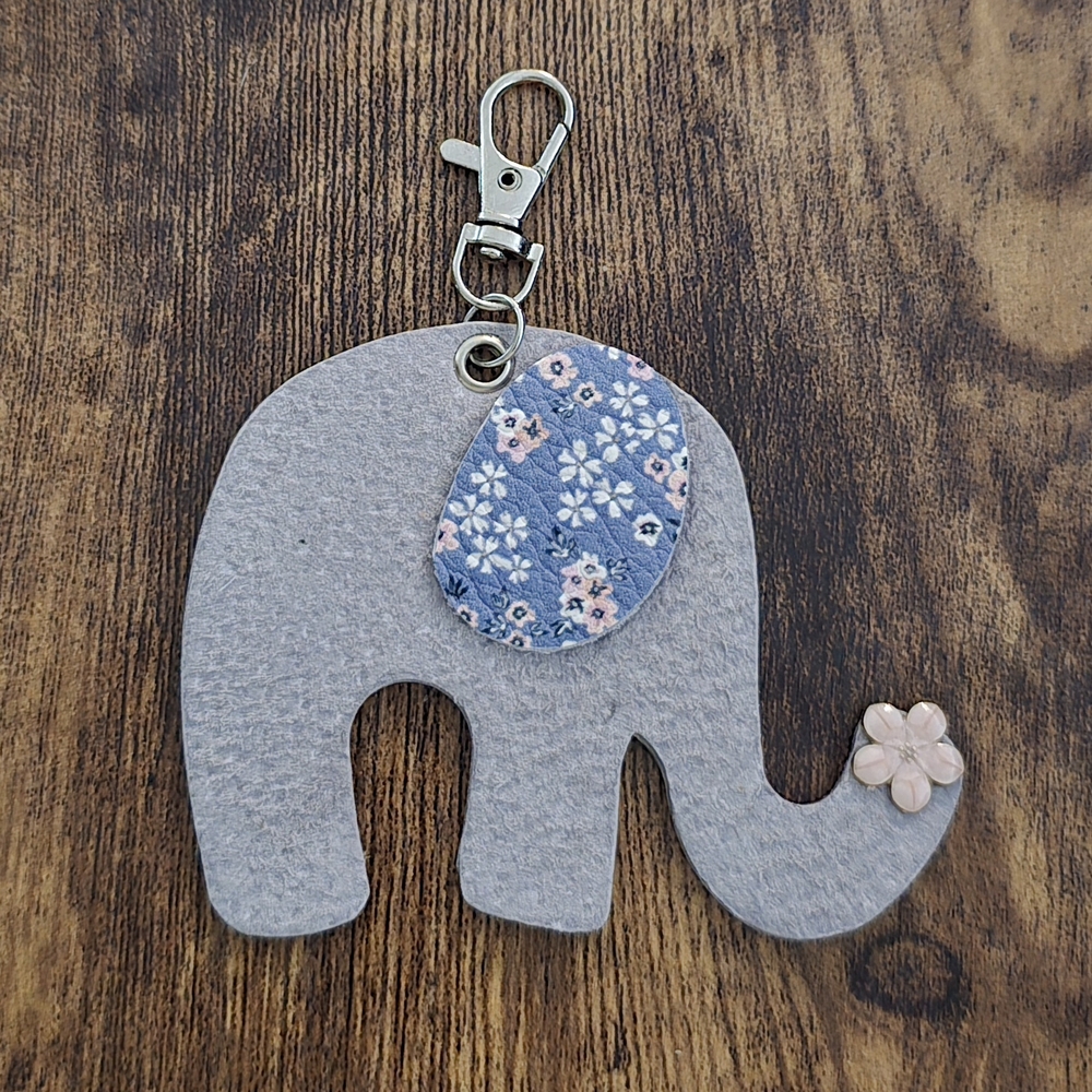 Genuine Leather Elephant Bag Charm with Floral Accents and Metal Clasp